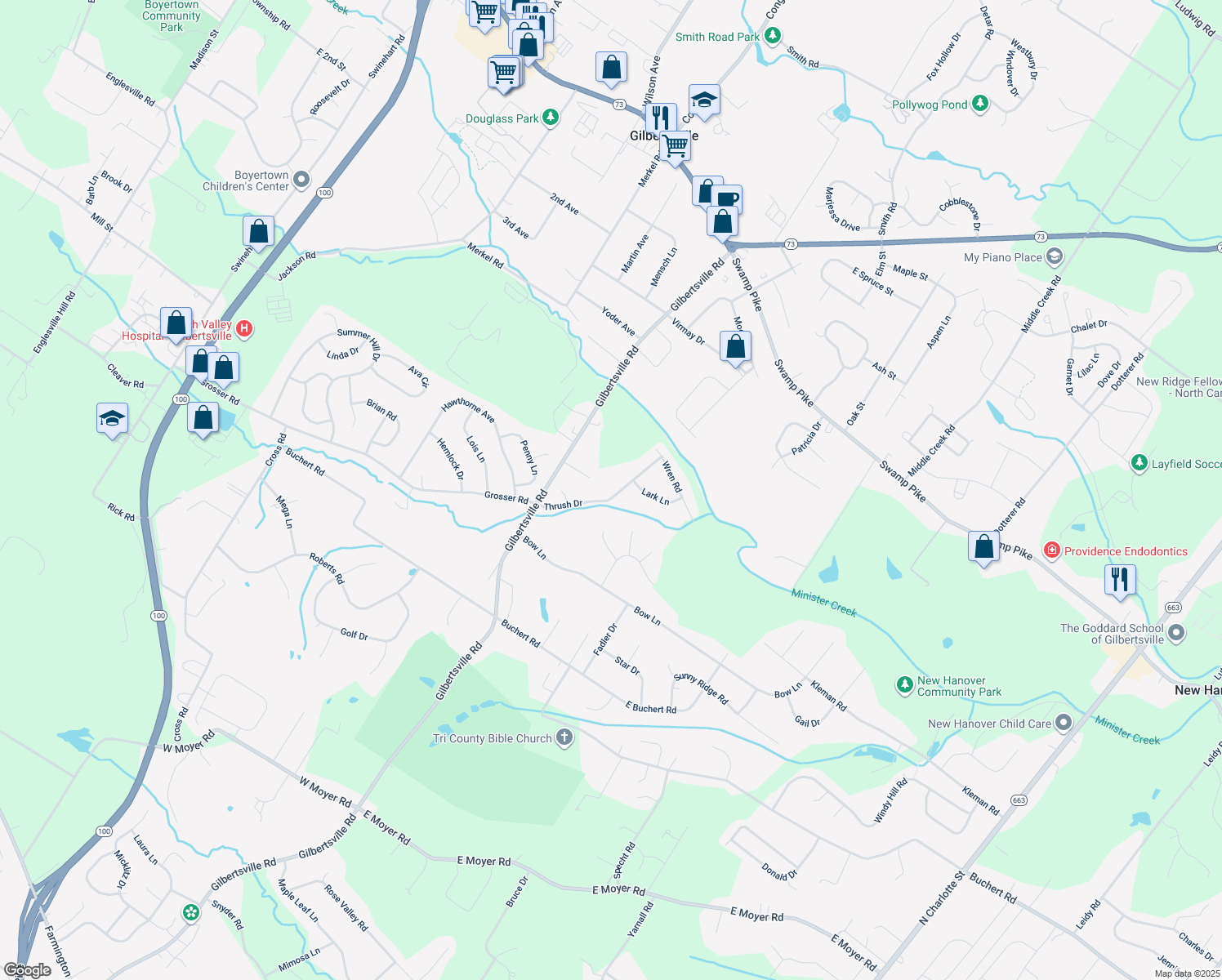 map of restaurants, bars, coffee shops, grocery stores, and more near 371 Thrush Drive in Gilbertsville