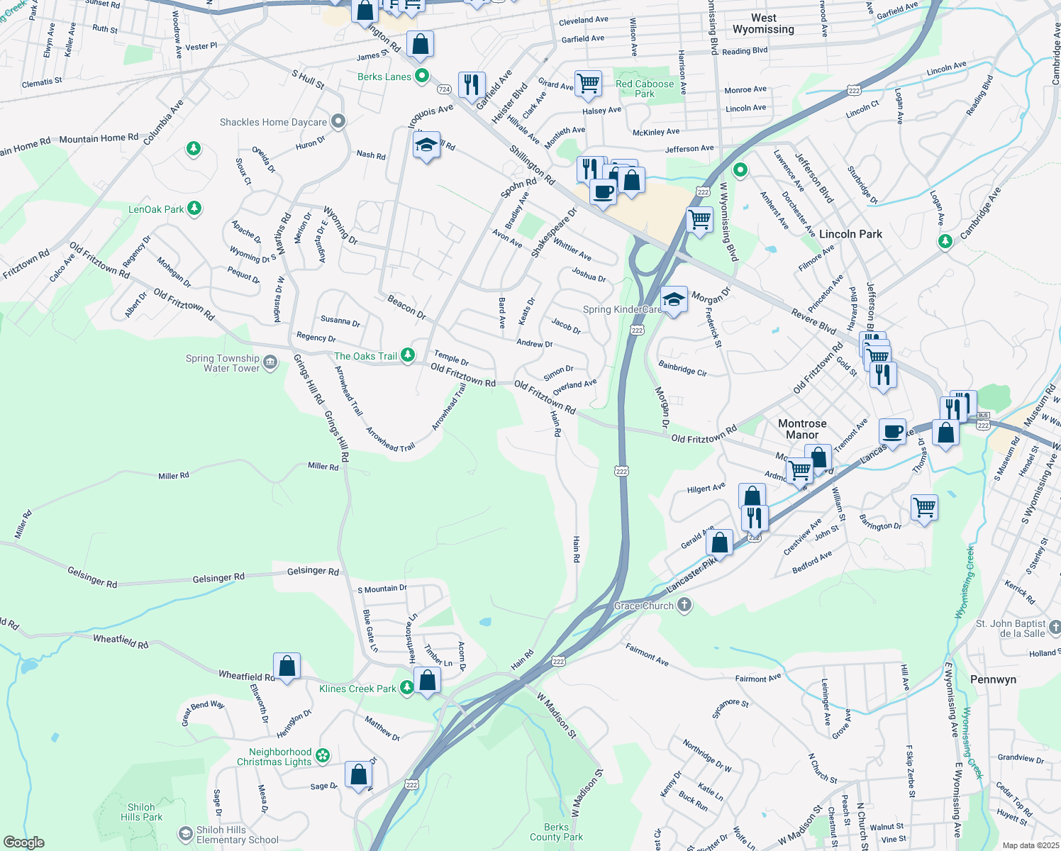 map of restaurants, bars, coffee shops, grocery stores, and more near 540 Hain Road in Sinking Spring
