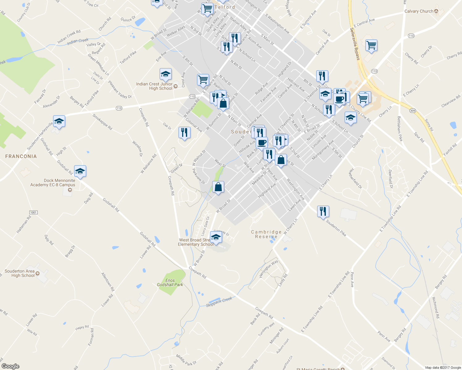 map of restaurants, bars, coffee shops, grocery stores, and more near 250 West Chestnut Street in Souderton