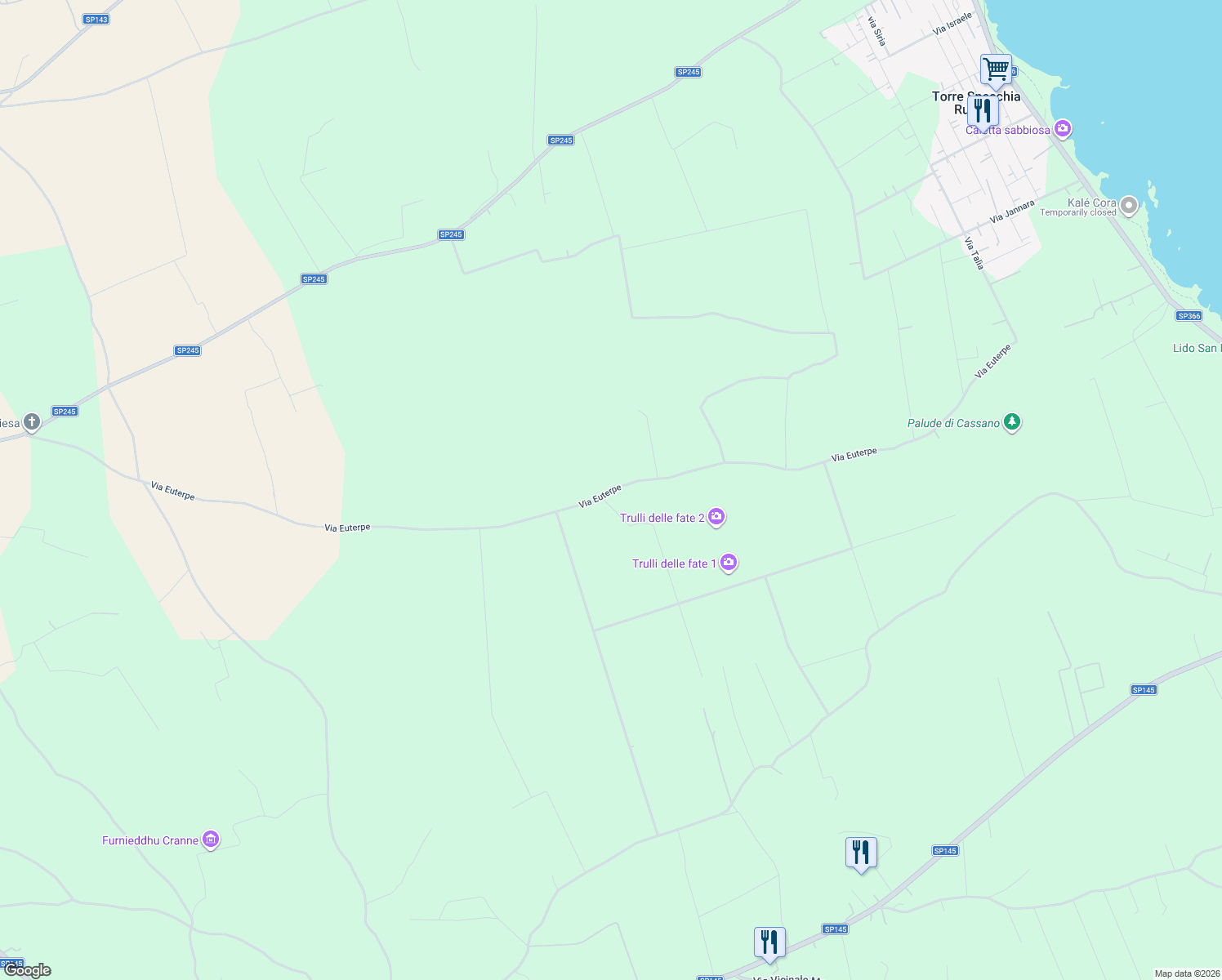 map of restaurants, bars, coffee shops, grocery stores, and more near Via Euterpe in Provincia di Lecce
