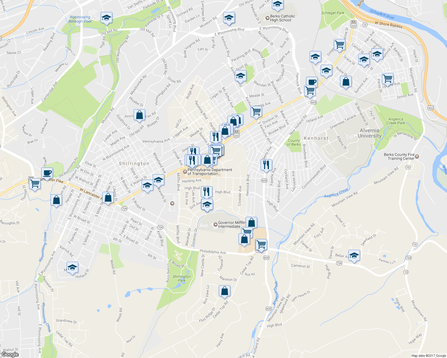 map of restaurants, bars, coffee shops, grocery stores, and more near 1605 Brooke Boulevard in Reading