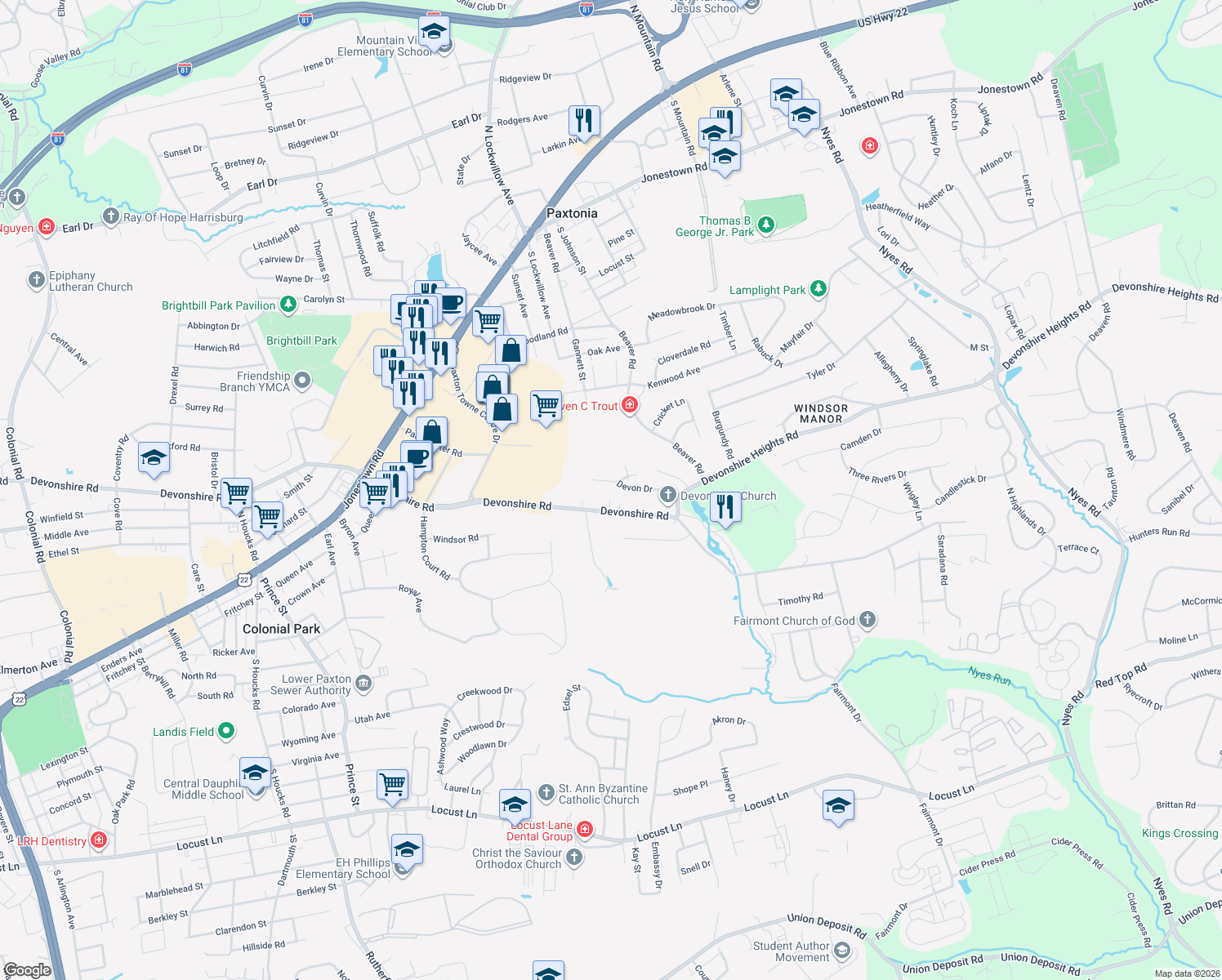 map of restaurants, bars, coffee shops, grocery stores, and more near 5595 Merivale Court in Harrisburg