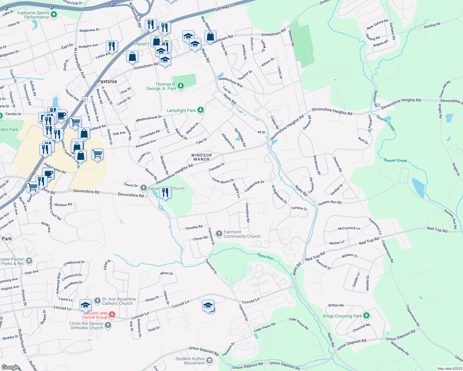 map of restaurants, bars, coffee shops, grocery stores, and more near 708 Wrigley Lane in Harrisburg
