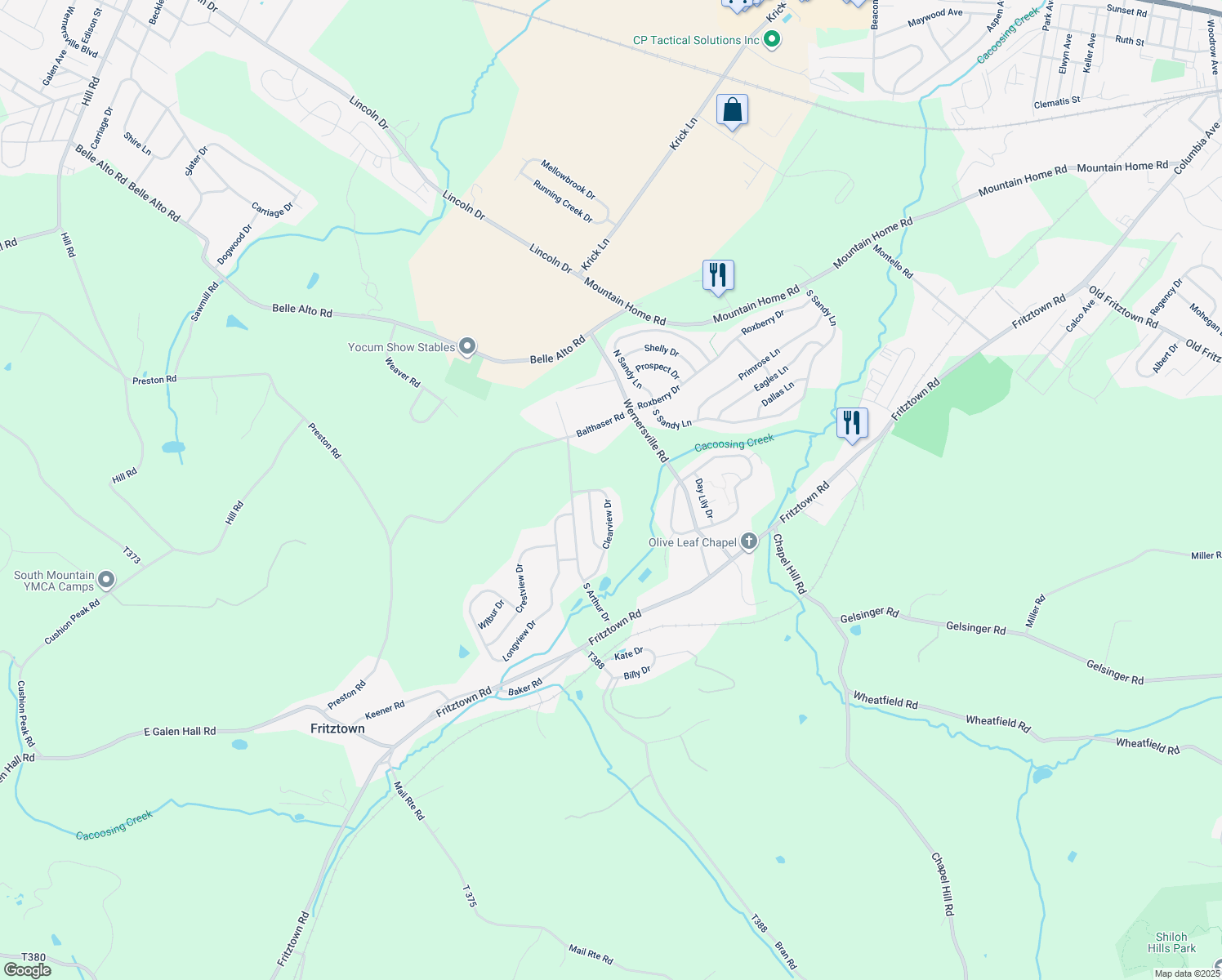 map of restaurants, bars, coffee shops, grocery stores, and more near 102 Clearview Dr in Sinking Spring