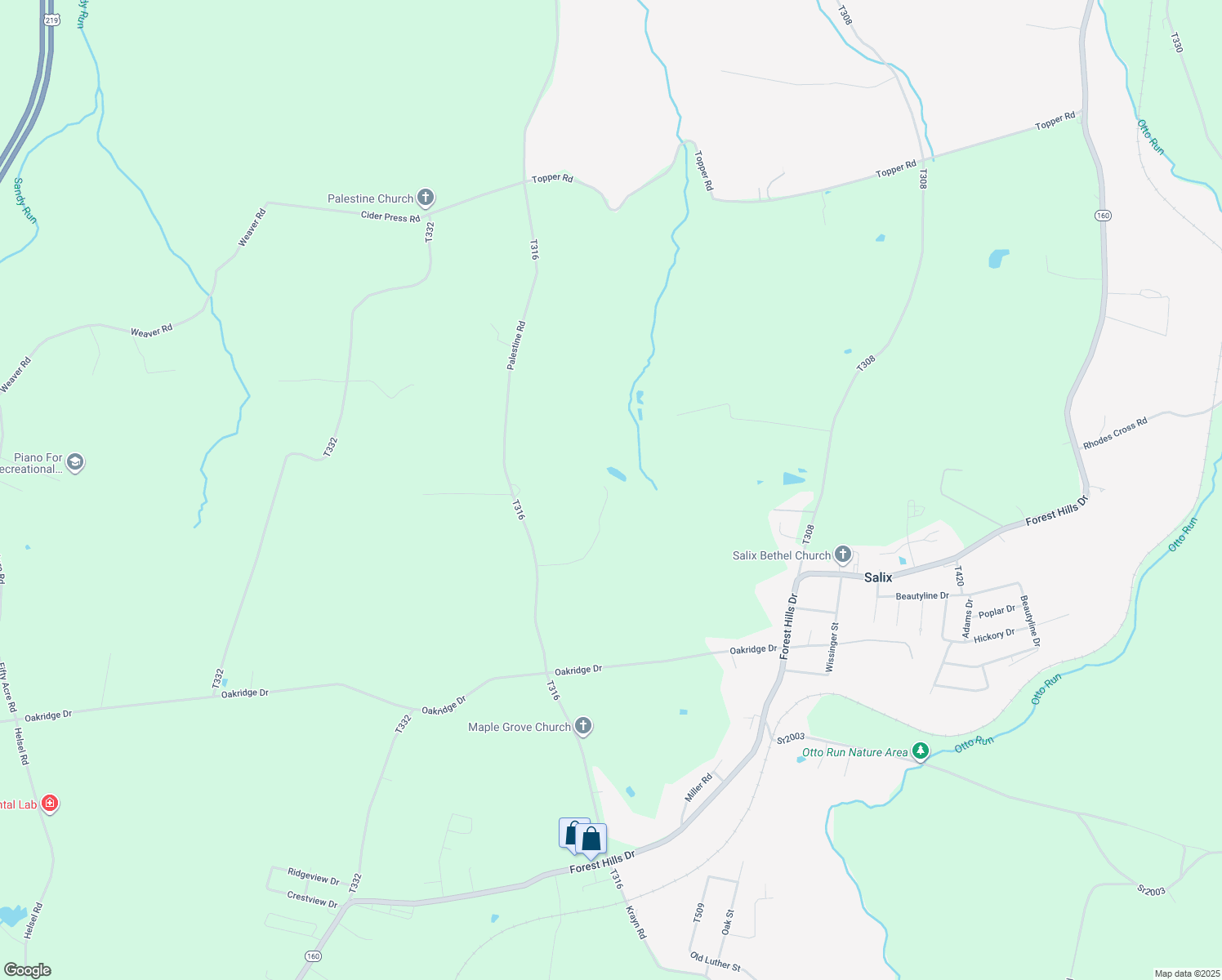 map of restaurants, bars, coffee shops, grocery stores, and more near 282 Palestine Road in Salix