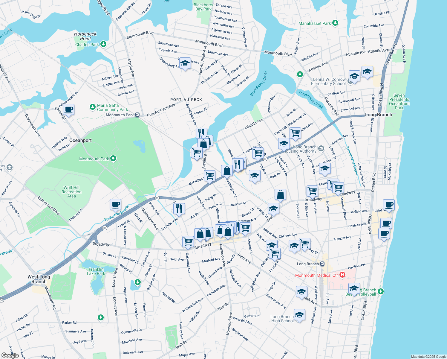 map of restaurants, bars, coffee shops, grocery stores, and more near 554 Joline Avenue in Long Branch
