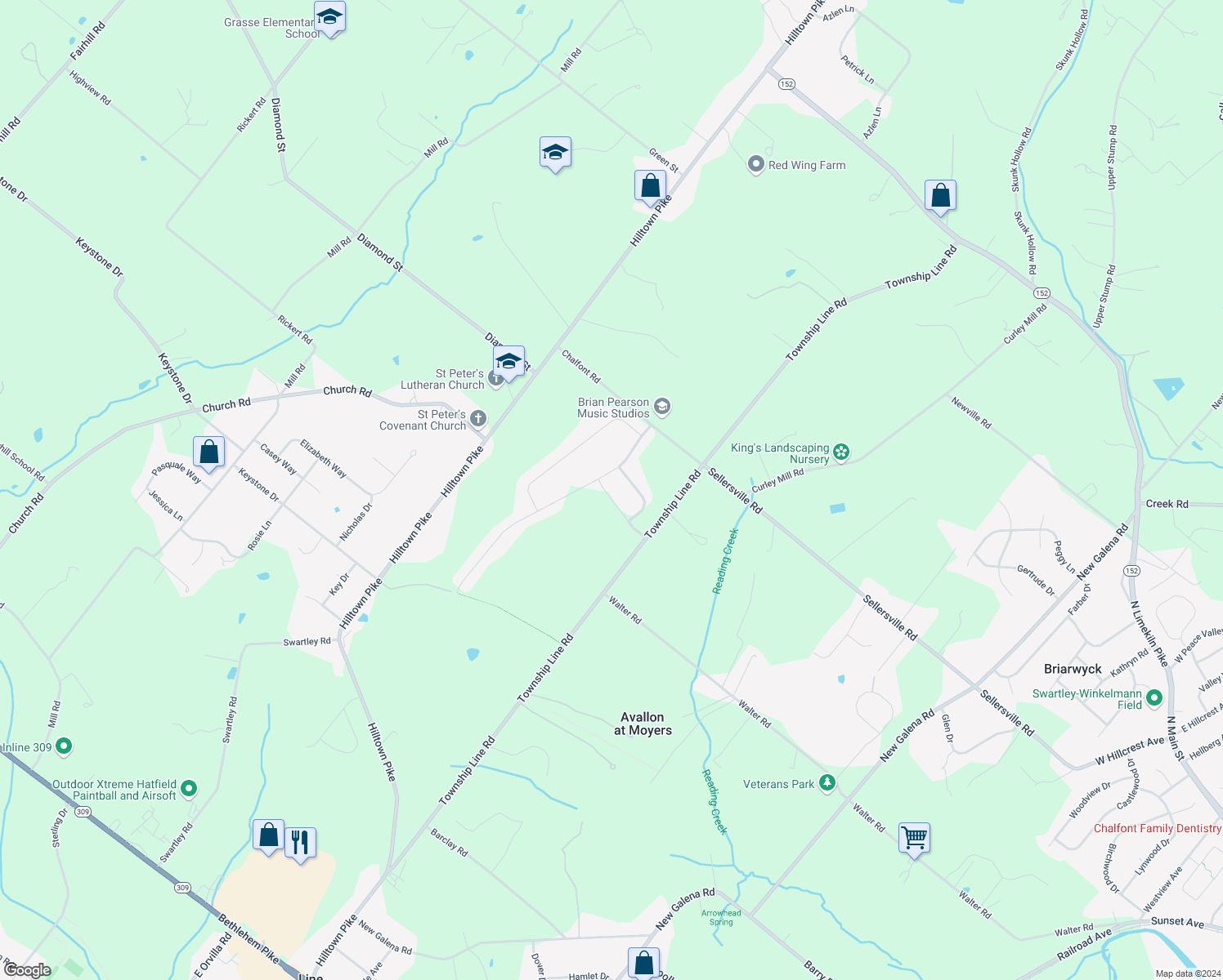 map of restaurants, bars, coffee shops, grocery stores, and more near 2203 Sparrow Way in Chalfont