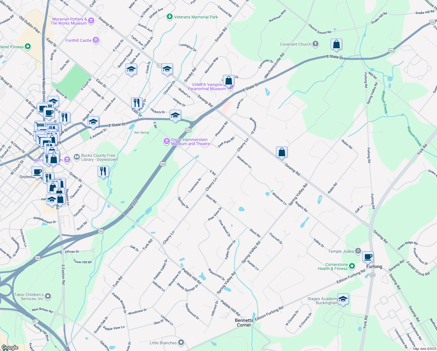 map of restaurants, bars, coffee shops, grocery stores, and more near 95 Cherry Lane in Doylestown