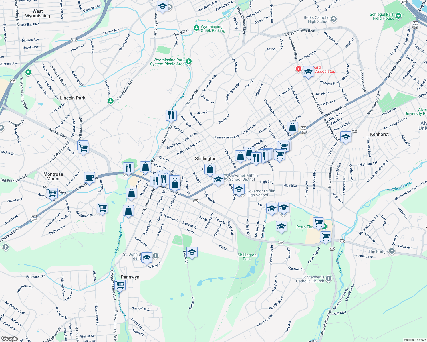 map of restaurants, bars, coffee shops, grocery stores, and more near 219 East Walnut Street in Shillington