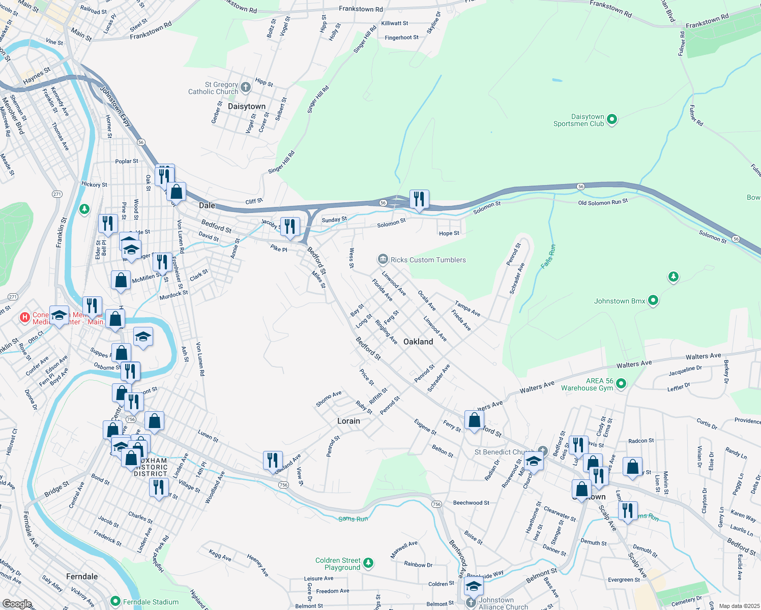 map of restaurants, bars, coffee shops, grocery stores, and more near 698 Long St in Johnstown