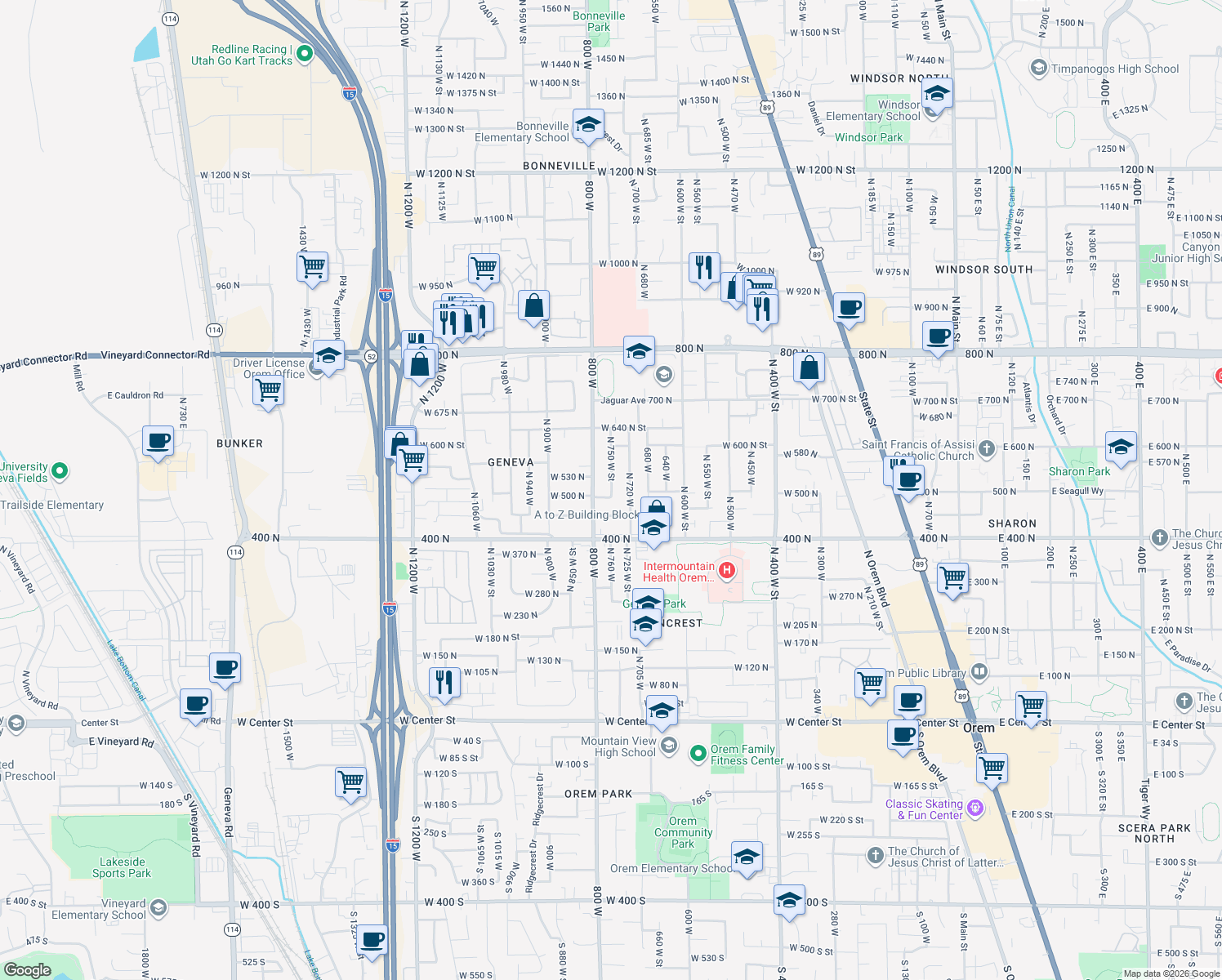 map of restaurants, bars, coffee shops, grocery stores, and more near 489 North Beverly Avenue in Orem