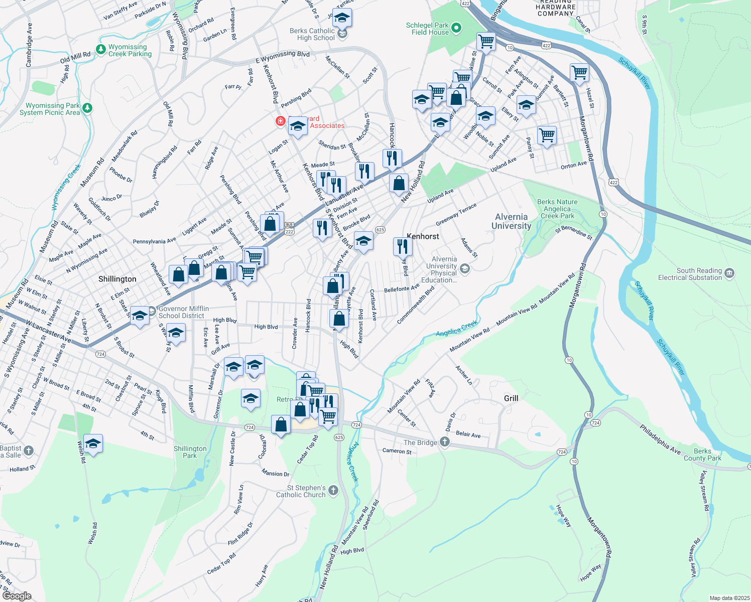 map of restaurants, bars, coffee shops, grocery stores, and more near 1518 Cortland Avenue in Reading