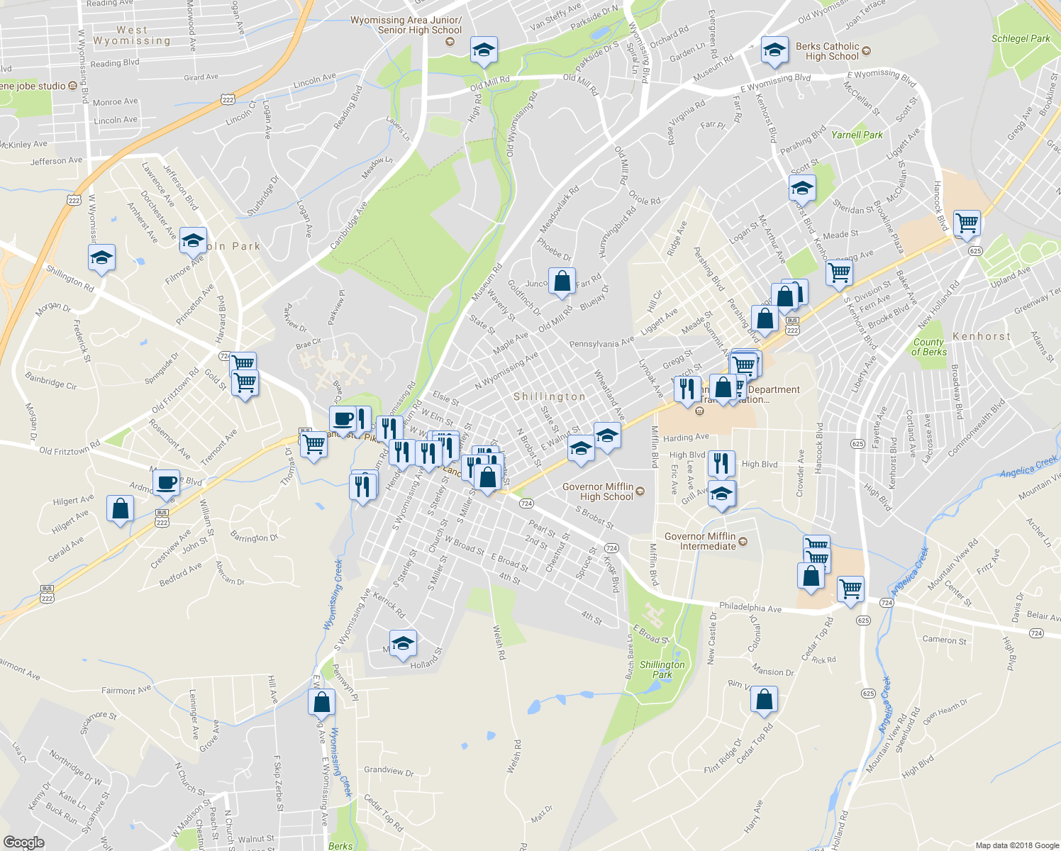 map of restaurants, bars, coffee shops, grocery stores, and more near 131 East Elm Street in Shillington
