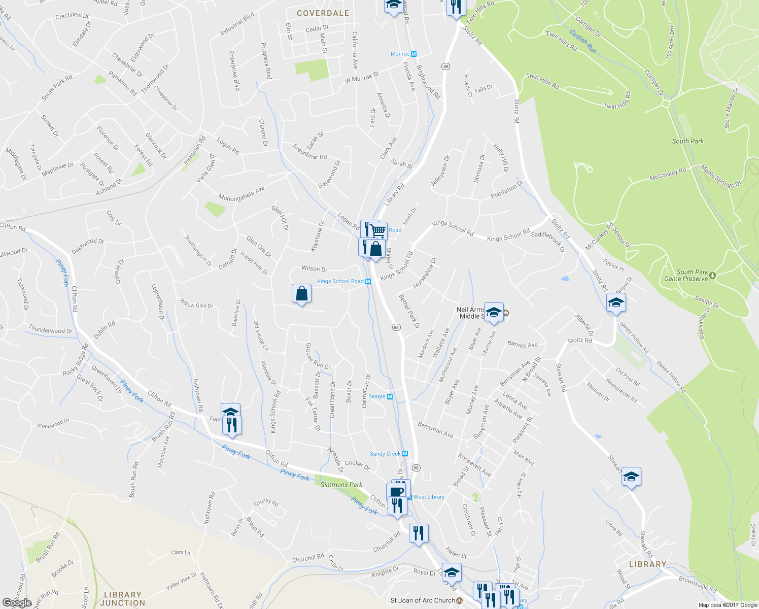 map of restaurants, bars, coffee shops, grocery stores, and more near 5940 Library Rd in Bethel Park