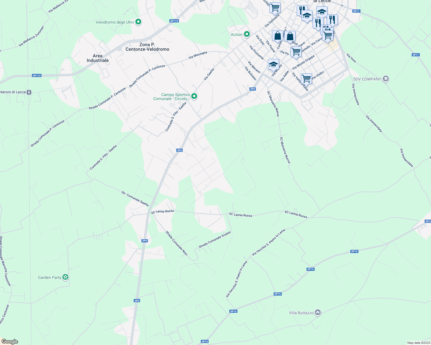 map of restaurants, bars, coffee shops, grocery stores, and more near 3 Via Molise in Monteroni di Lecce