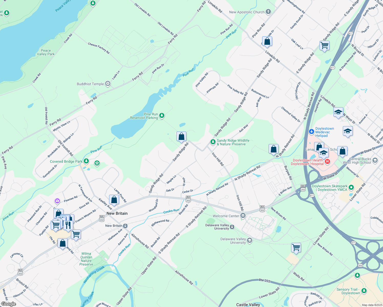map of restaurants, bars, coffee shops, grocery stores, and more near 20 Fox Hill Road in Doylestown