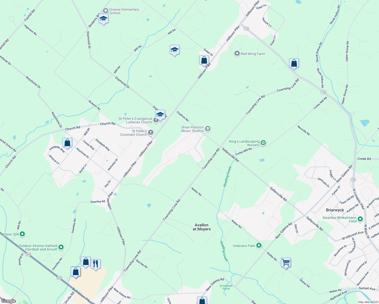 map of restaurants, bars, coffee shops, grocery stores, and more near 2203 Sparrow Way in Chalfont