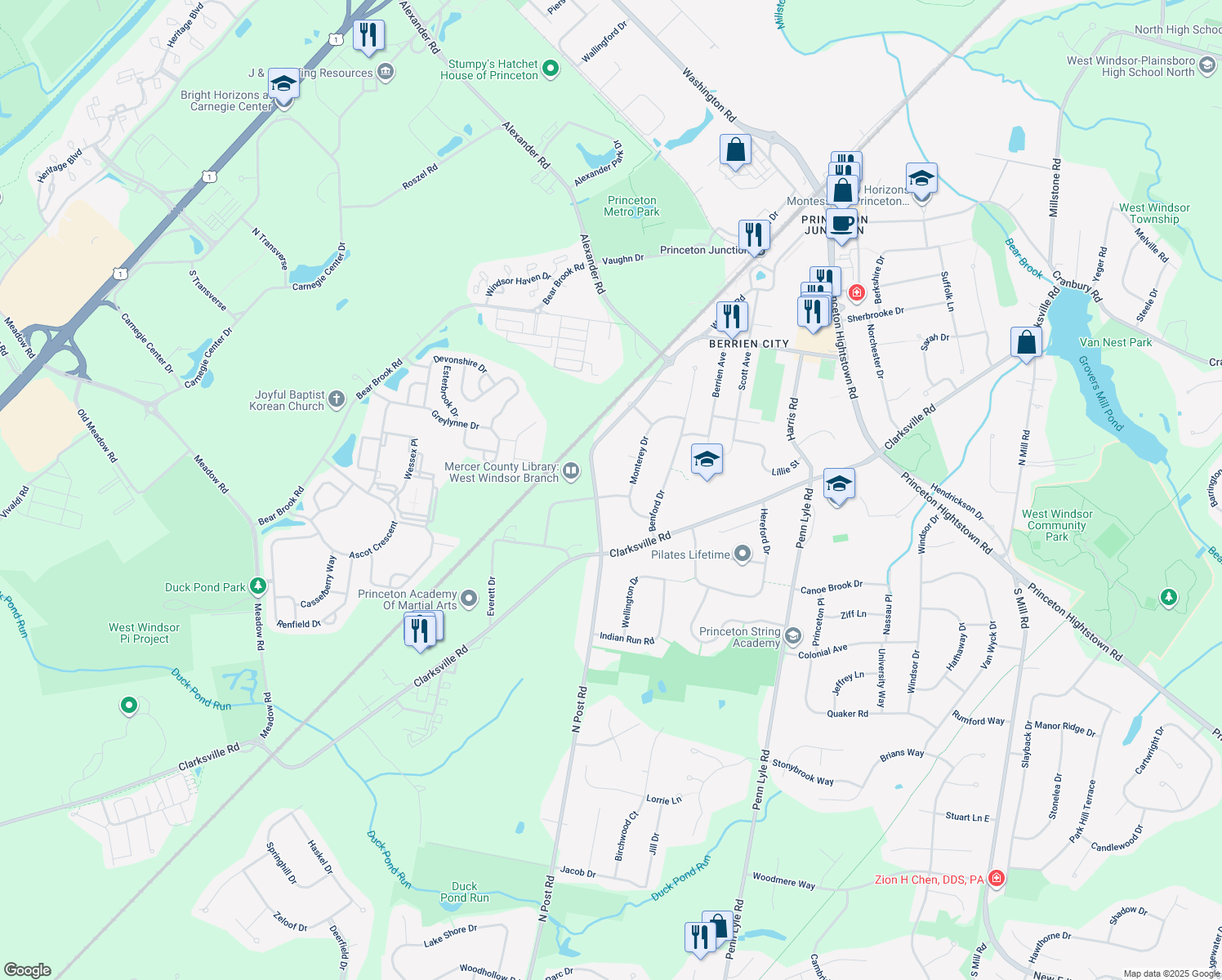 map of restaurants, bars, coffee shops, grocery stores, and more near 3 Courtney Drive in West Windsor Township