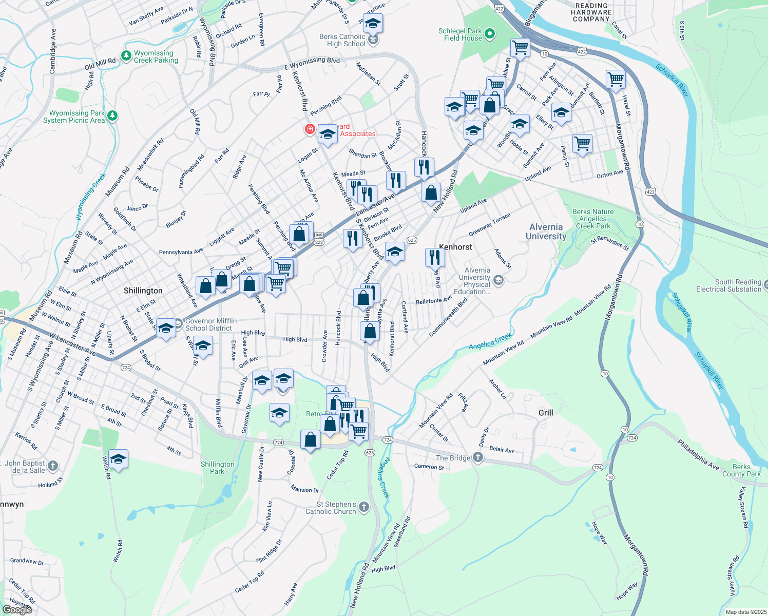 map of restaurants, bars, coffee shops, grocery stores, and more near 631 Haig Boulevard in Reading