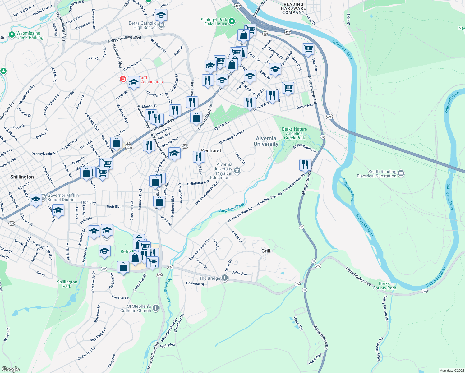 map of restaurants, bars, coffee shops, grocery stores, and more near 44 Wesleyan Drive in Reading