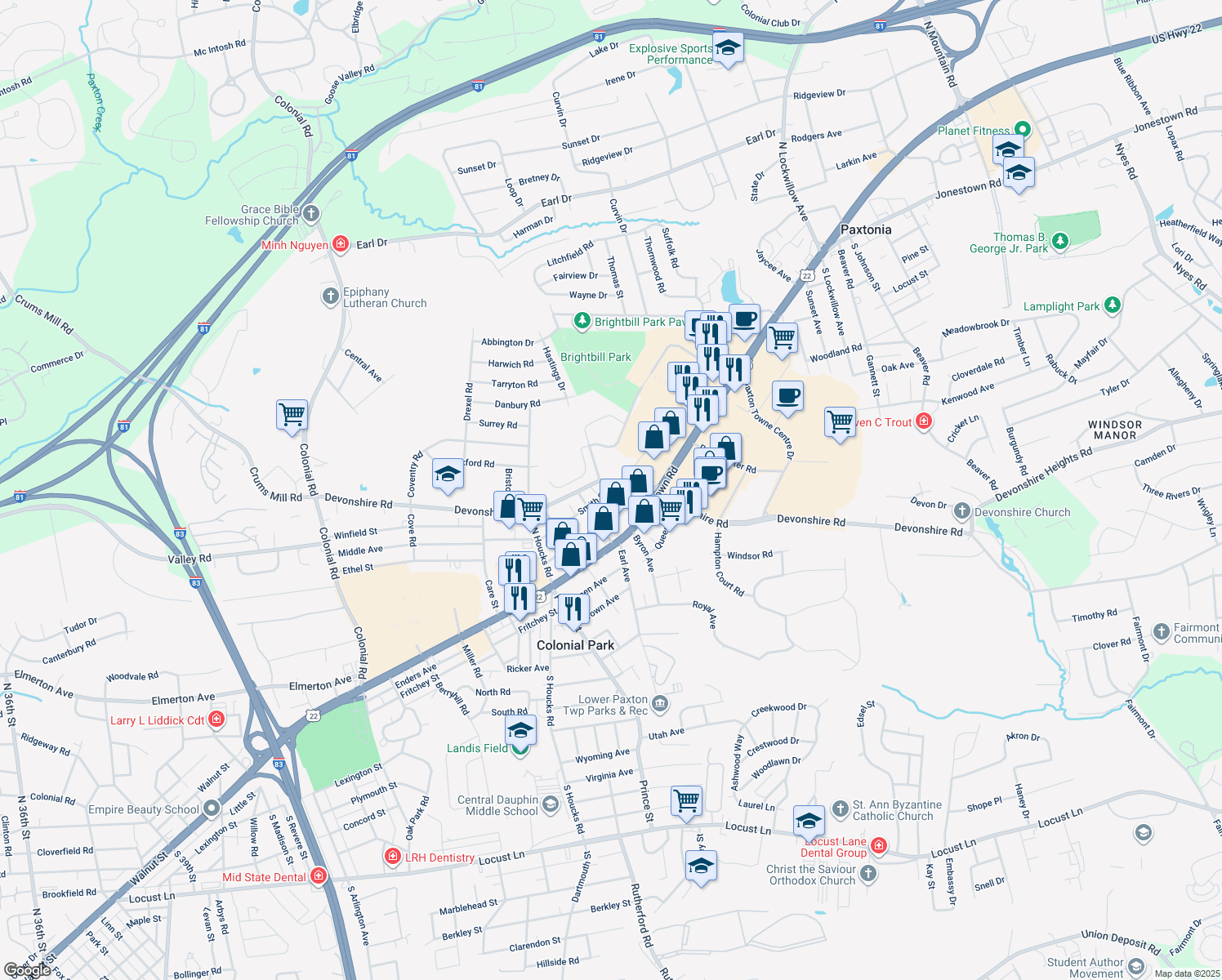 map of restaurants, bars, coffee shops, grocery stores, and more near 4921 Smith Street in Harrisburg