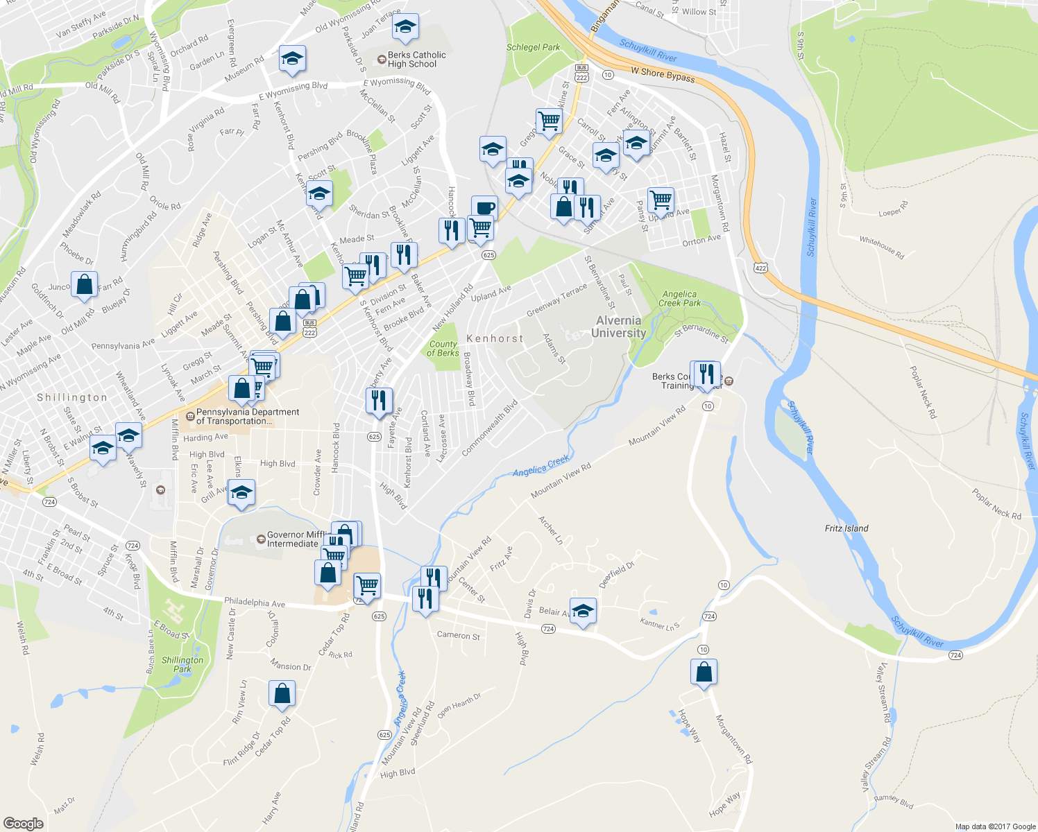 map of restaurants, bars, coffee shops, grocery stores, and more near 1309 Wingate Avenue in Reading