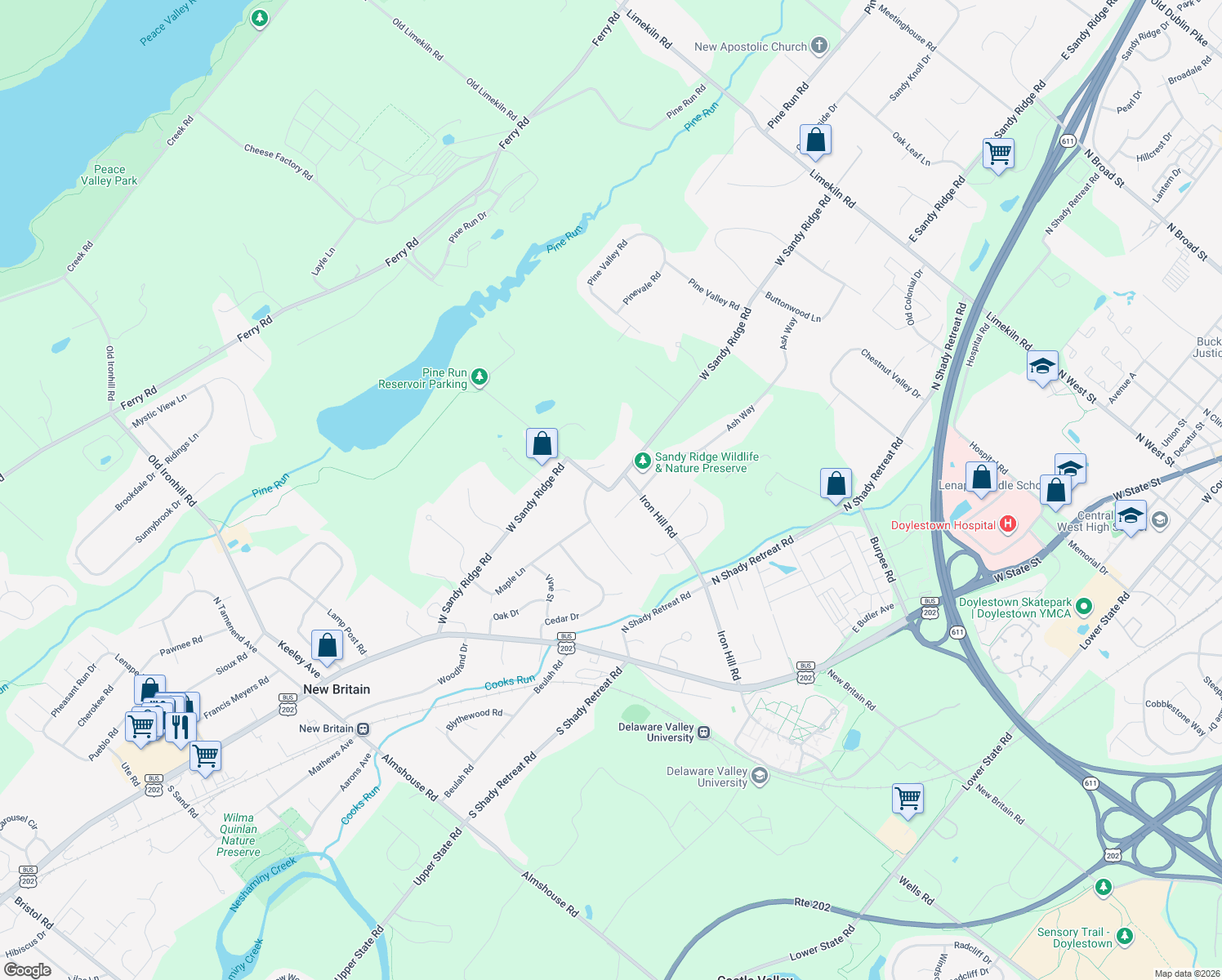 map of restaurants, bars, coffee shops, grocery stores, and more near 303 W Sandy Ridge Rd in Doylestown