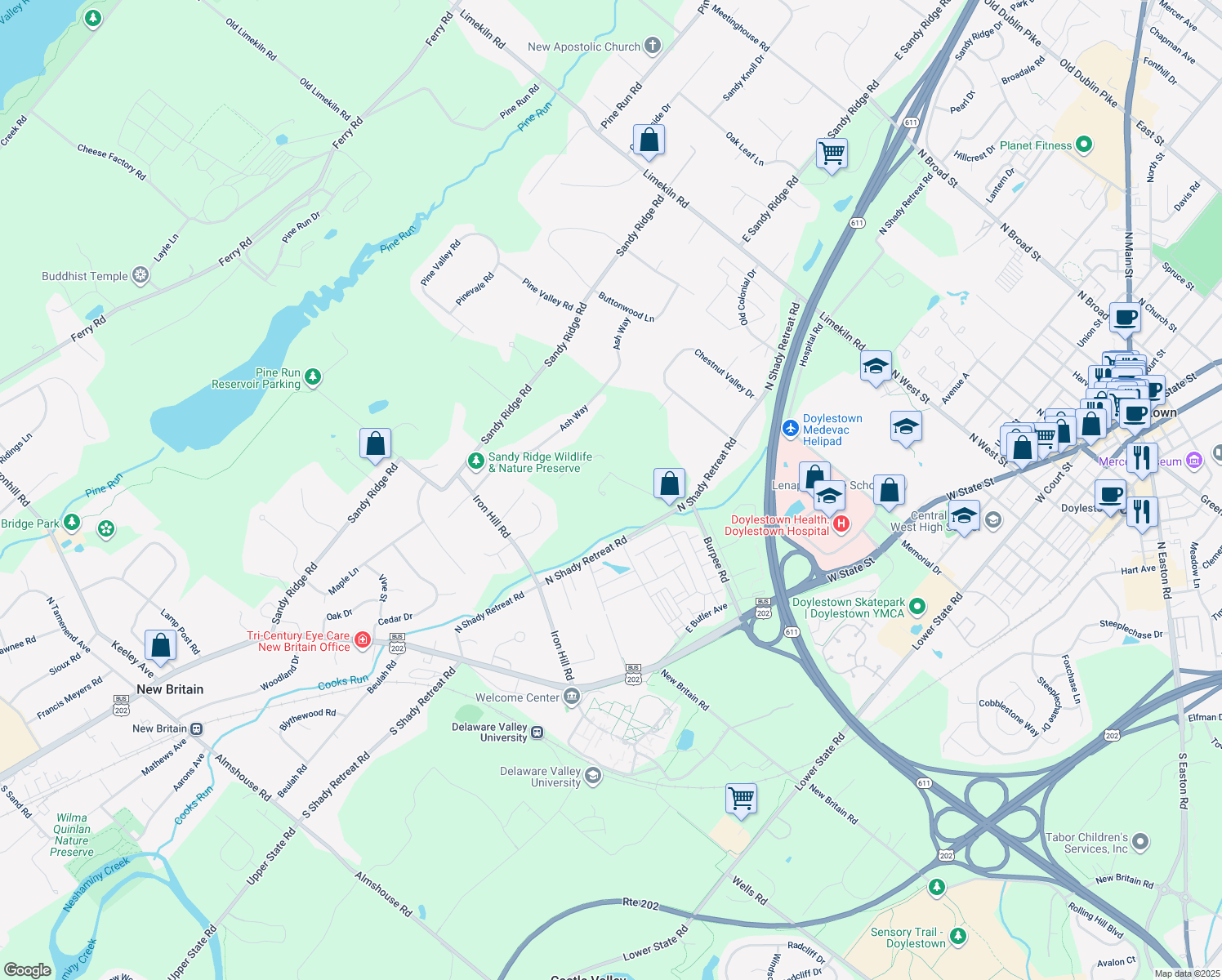 map of restaurants, bars, coffee shops, grocery stores, and more near 380 North Shady Retreat Road in Doylestown
