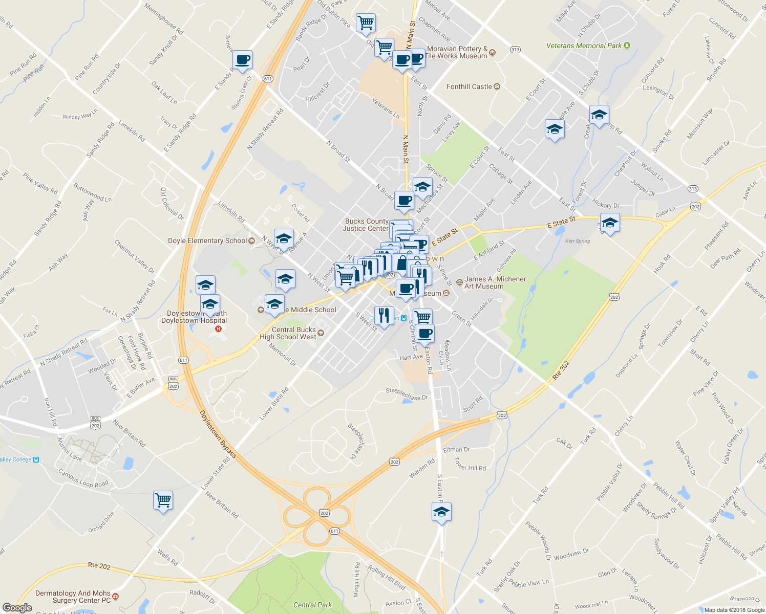 map of restaurants, bars, coffee shops, grocery stores, and more near 132 West Oakland Avenue in Doylestown