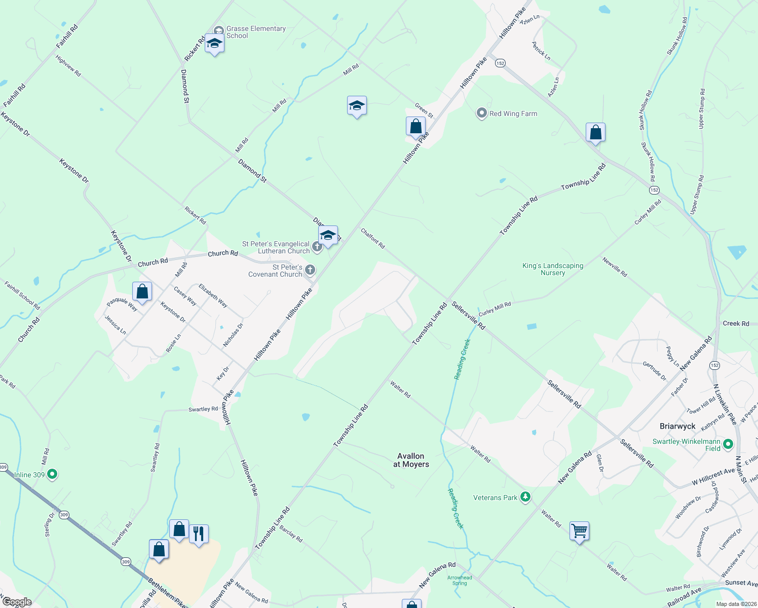 map of restaurants, bars, coffee shops, grocery stores, and more near 3247 Berry Brow Drive in Chalfont