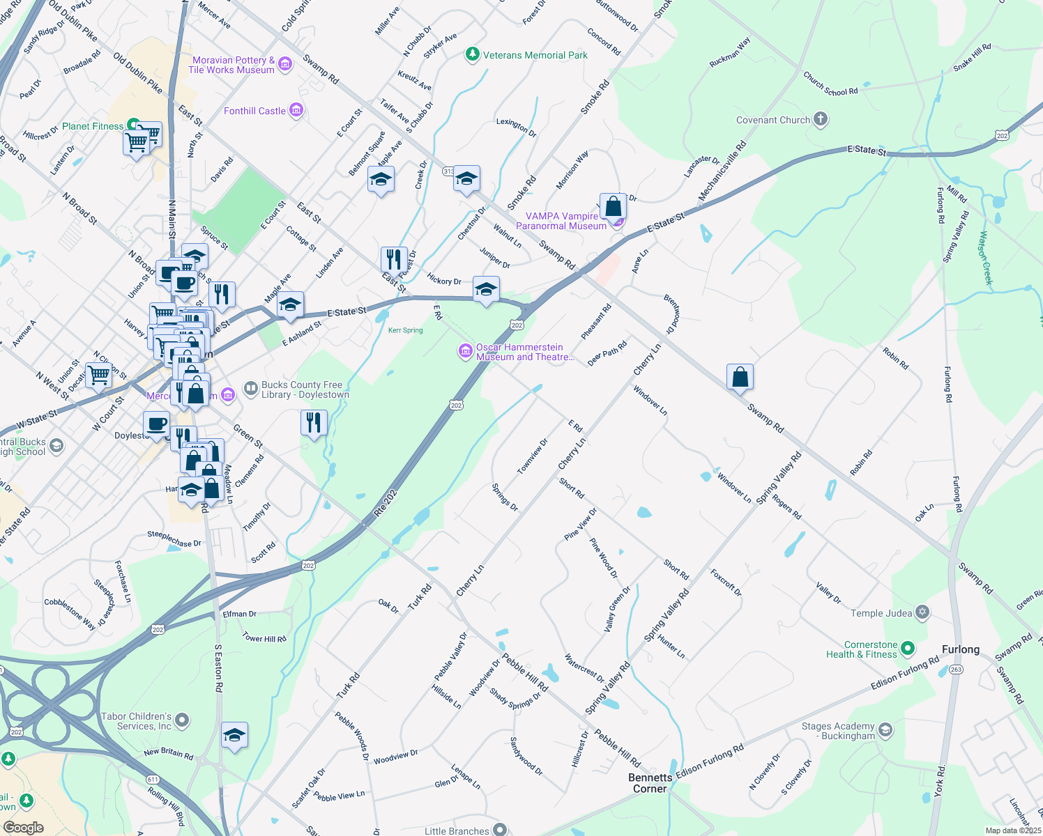 map of restaurants, bars, coffee shops, grocery stores, and more near 24 Springs Drive in Doylestown