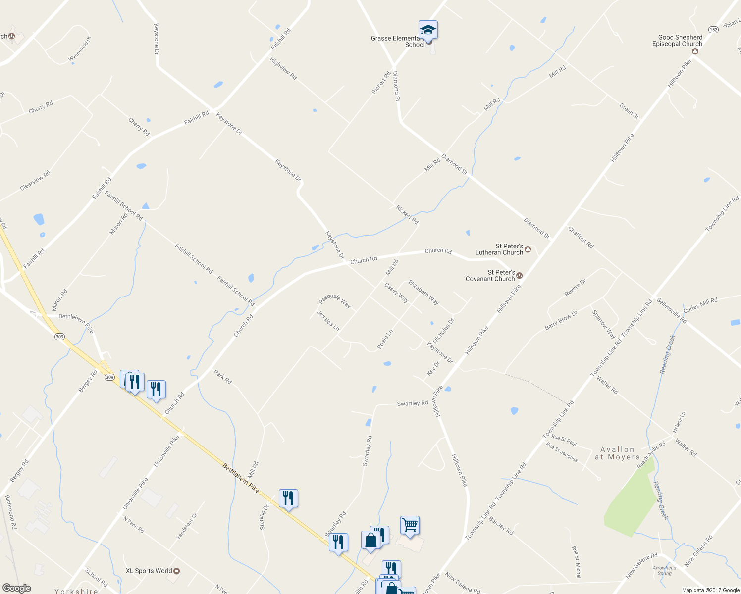 map of restaurants, bars, coffee shops, grocery stores, and more near 2017 Keystone Drive in Hatfield