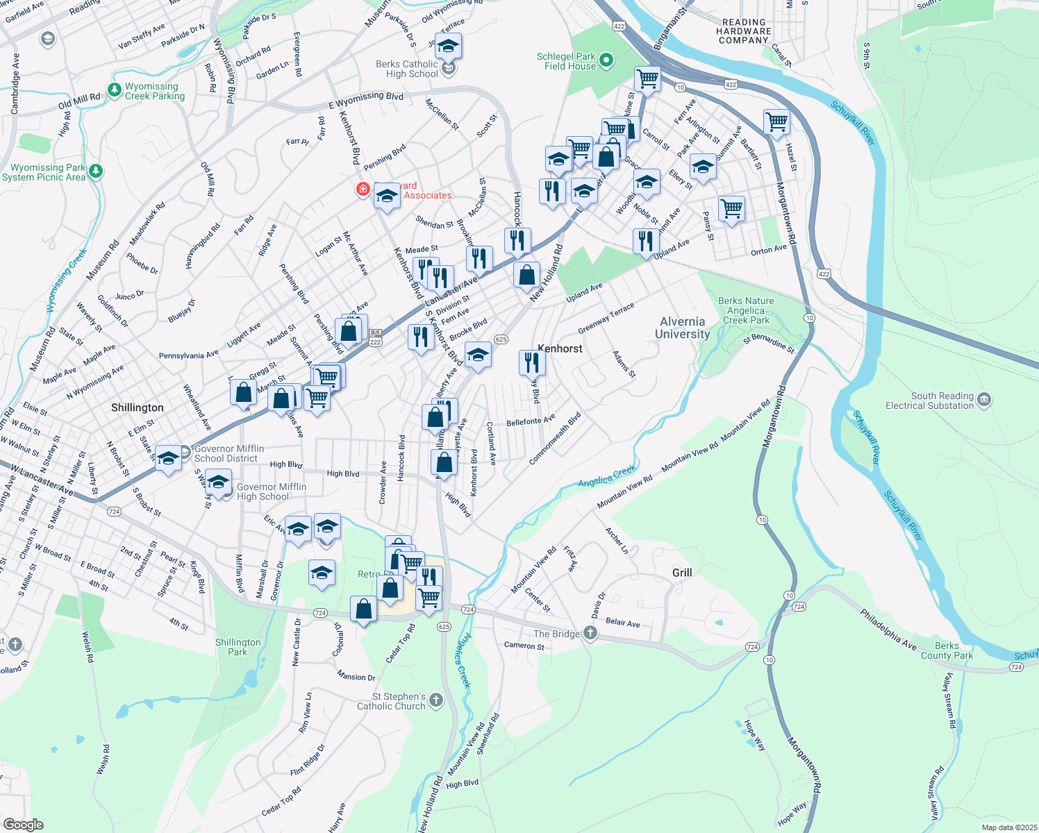 map of restaurants, bars, coffee shops, grocery stores, and more near 817 Bellefonte Avenue in Reading