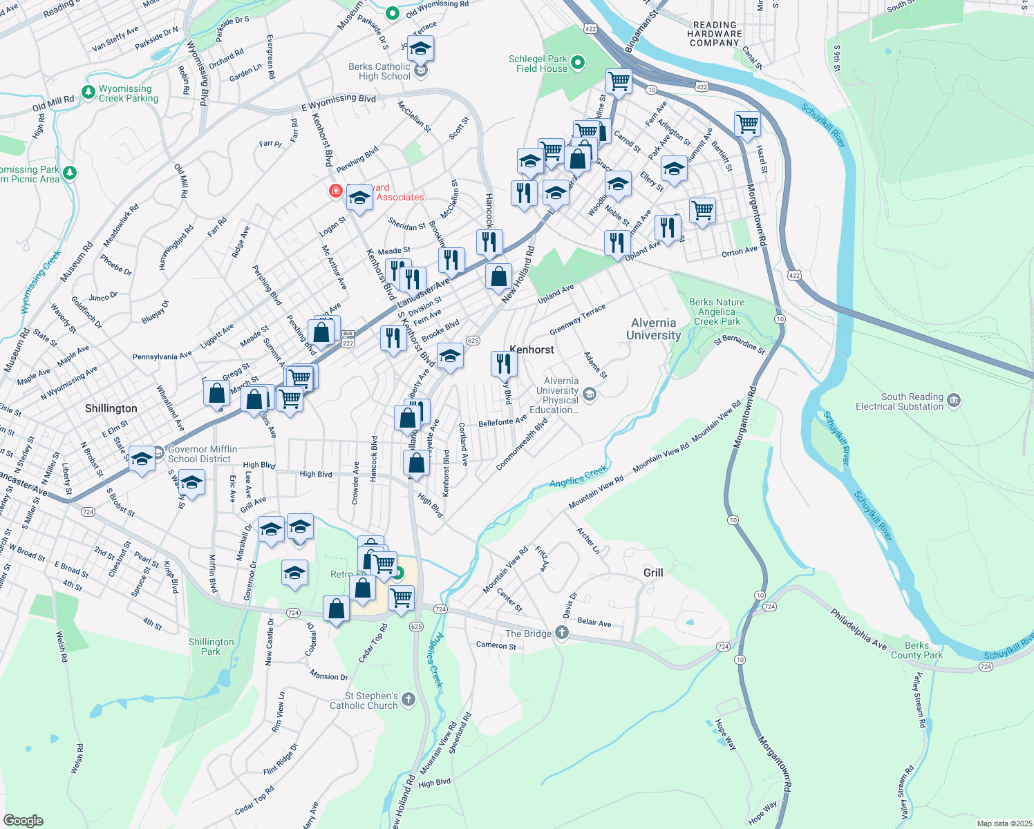 map of restaurants, bars, coffee shops, grocery stores, and more near 1226 Broadway Blvd in Reading
