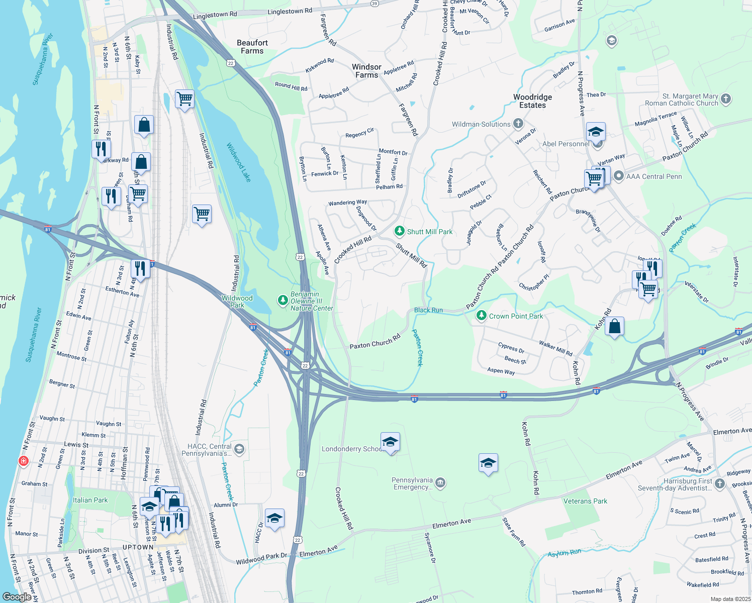 map of restaurants, bars, coffee shops, grocery stores, and more near 1206 Paxton Church Road in Harrisburg