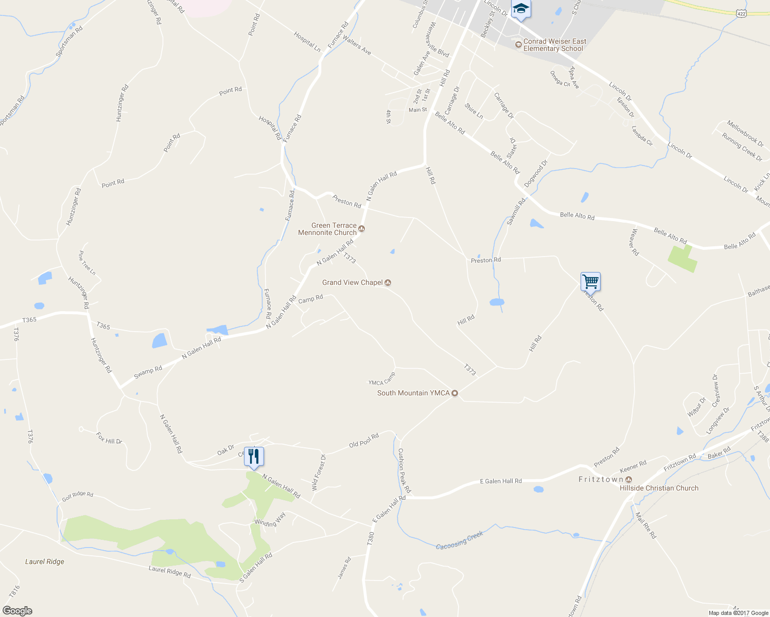 map of restaurants, bars, coffee shops, grocery stores, and more near 112 Grandview Road in Wernersville