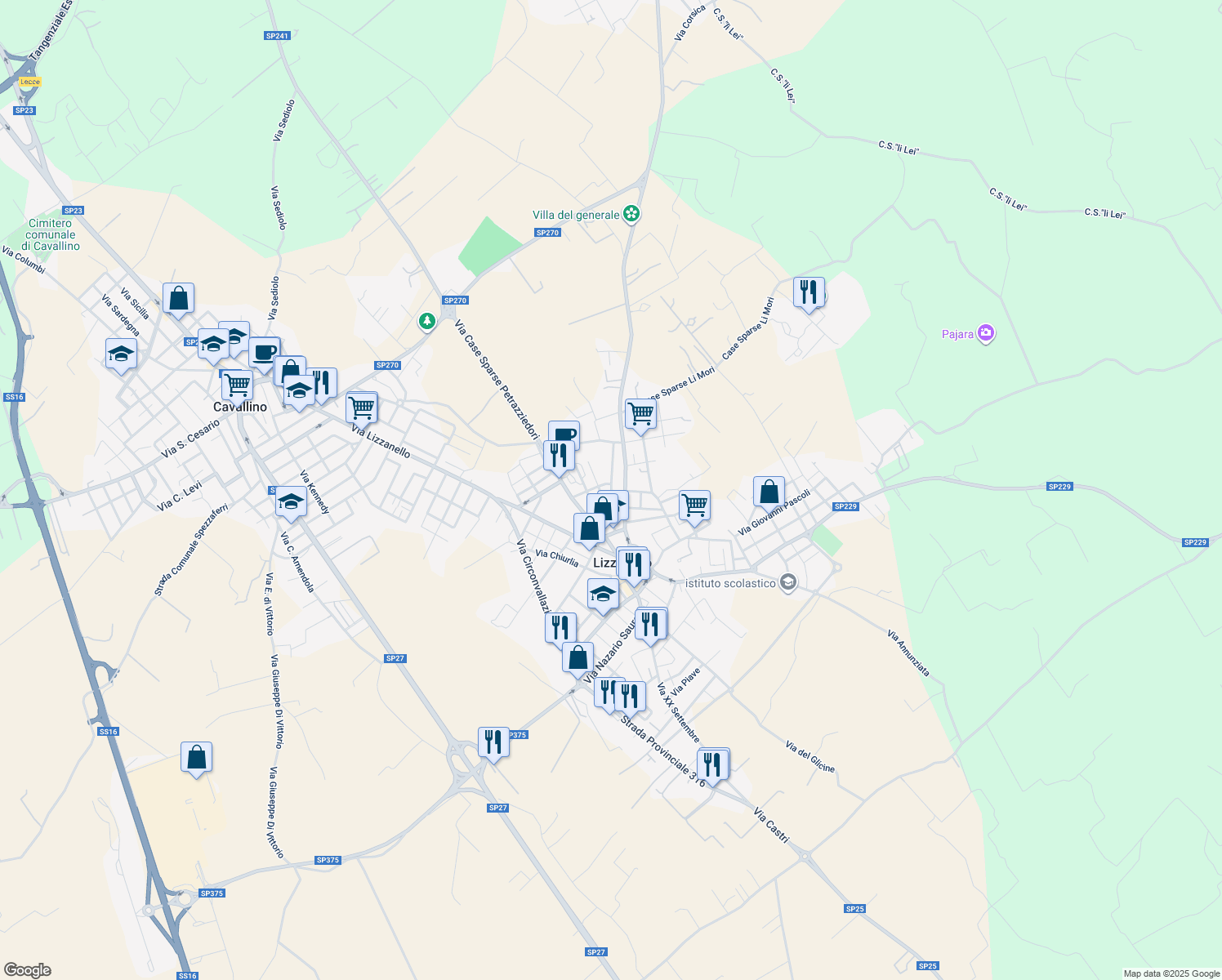 map of restaurants, bars, coffee shops, grocery stores, and more near 4 Via Don Giovanni Bosco in Lizzanello