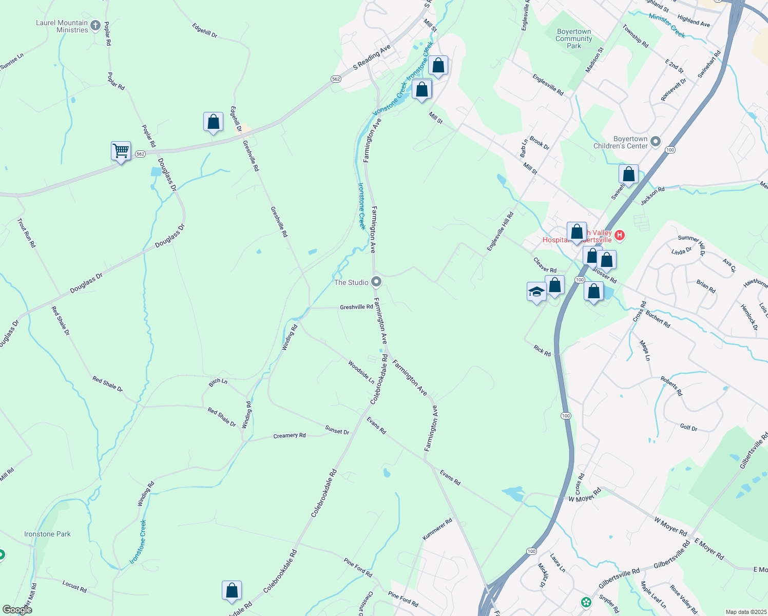 map of restaurants, bars, coffee shops, grocery stores, and more near 2103 Farmington Avenue in Boyertown