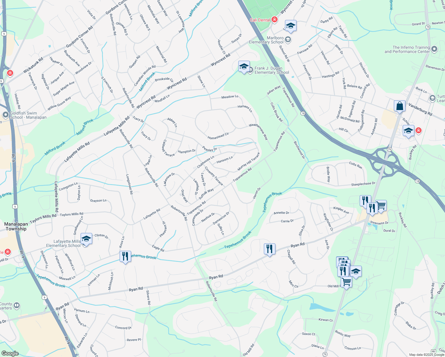 map of restaurants, bars, coffee shops, grocery stores, and more near 4 Phaeton Lane in Marlboro Township