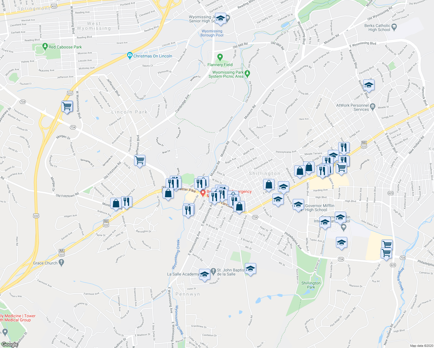 map of restaurants, bars, coffee shops, grocery stores, and more near 524 Elsie Street in Shillington