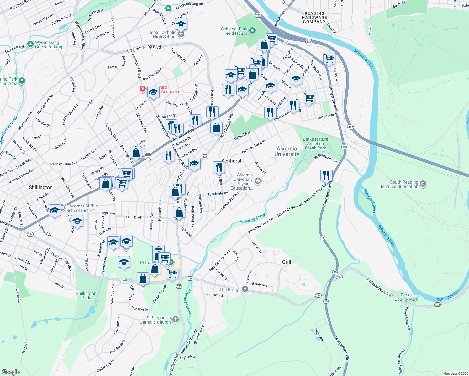 map of restaurants, bars, coffee shops, grocery stores, and more near 132 Bellefonte Ave in Reading