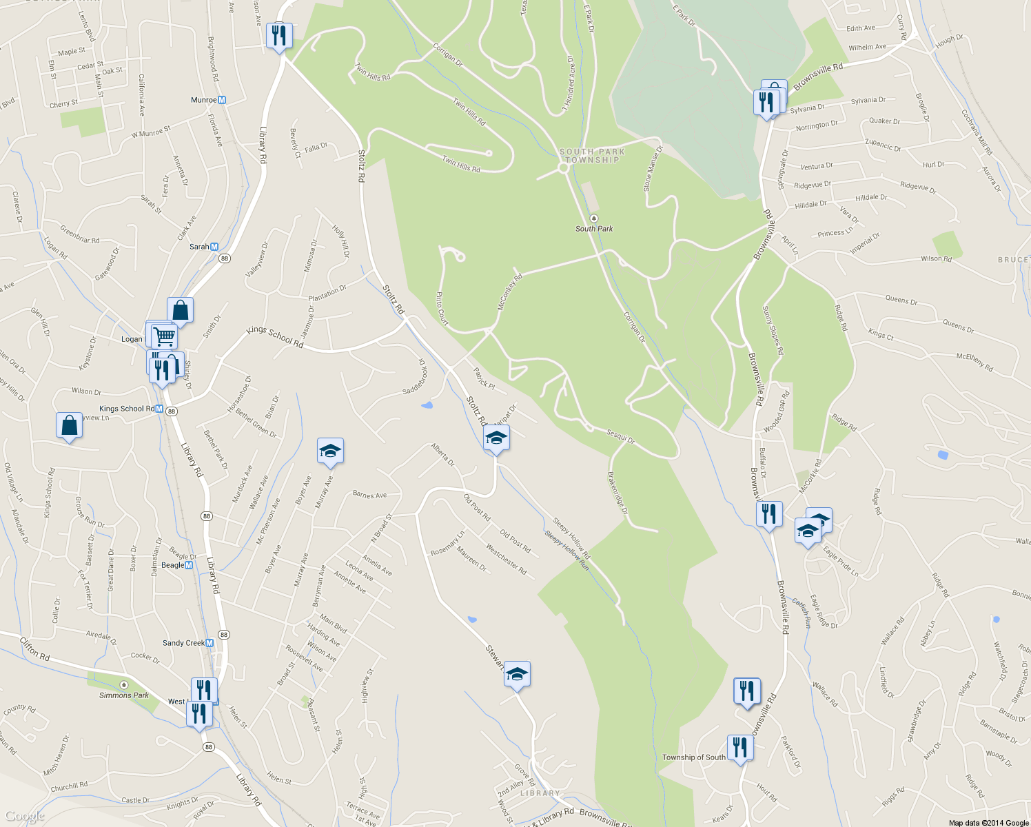 map of restaurants, bars, coffee shops, grocery stores, and more near 1026 Maripat Drive in South Park Township