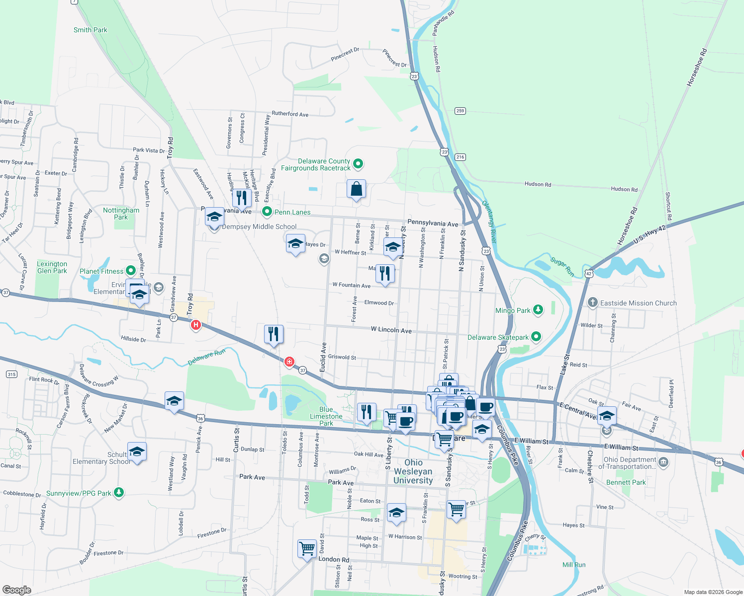 map of restaurants, bars, coffee shops, grocery stores, and more near 62 Elmwood Dr in Delaware
