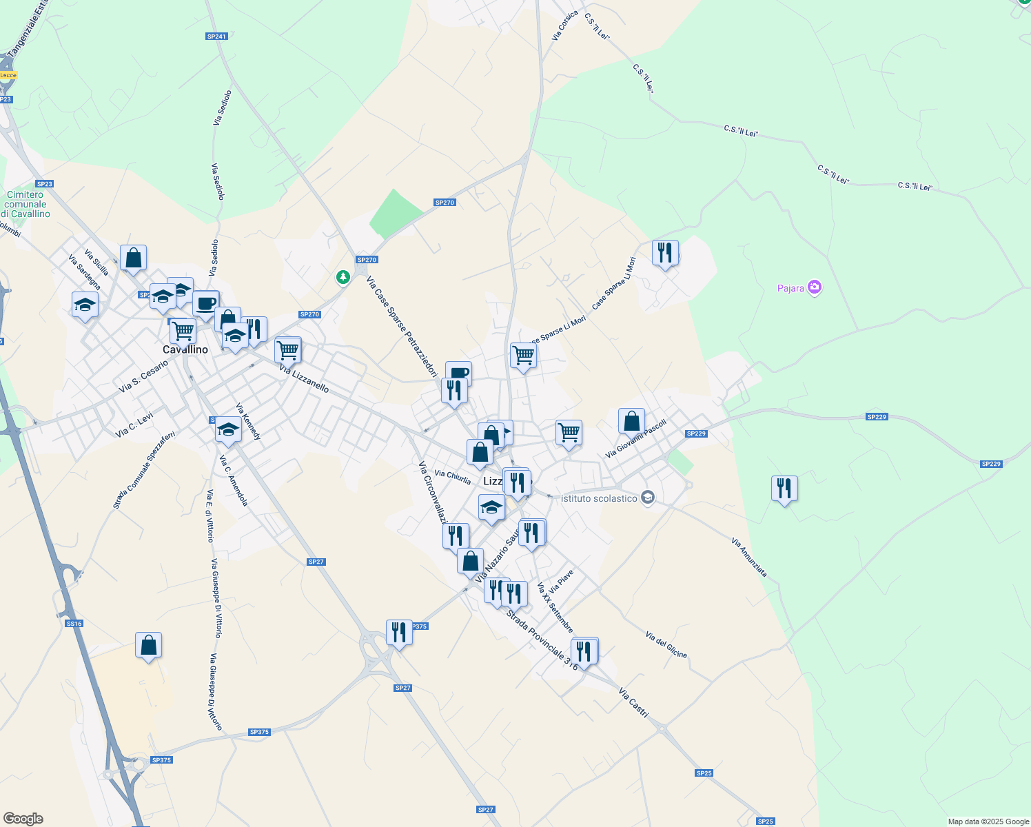 map of restaurants, bars, coffee shops, grocery stores, and more near 30 Via Giacomo Matteotti in Lizzanello