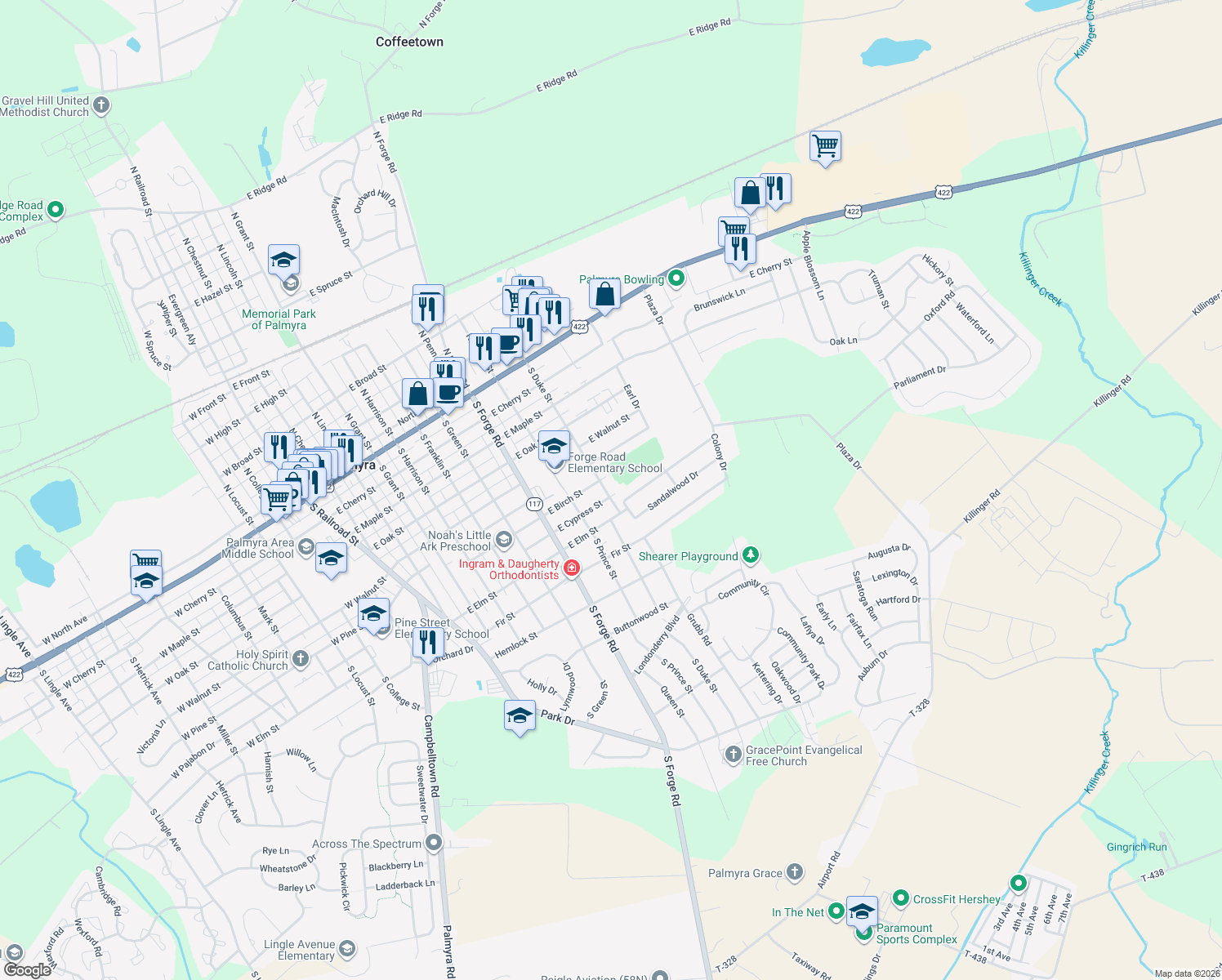 map of restaurants, bars, coffee shops, grocery stores, and more near 650 S Duke St in Palmyra