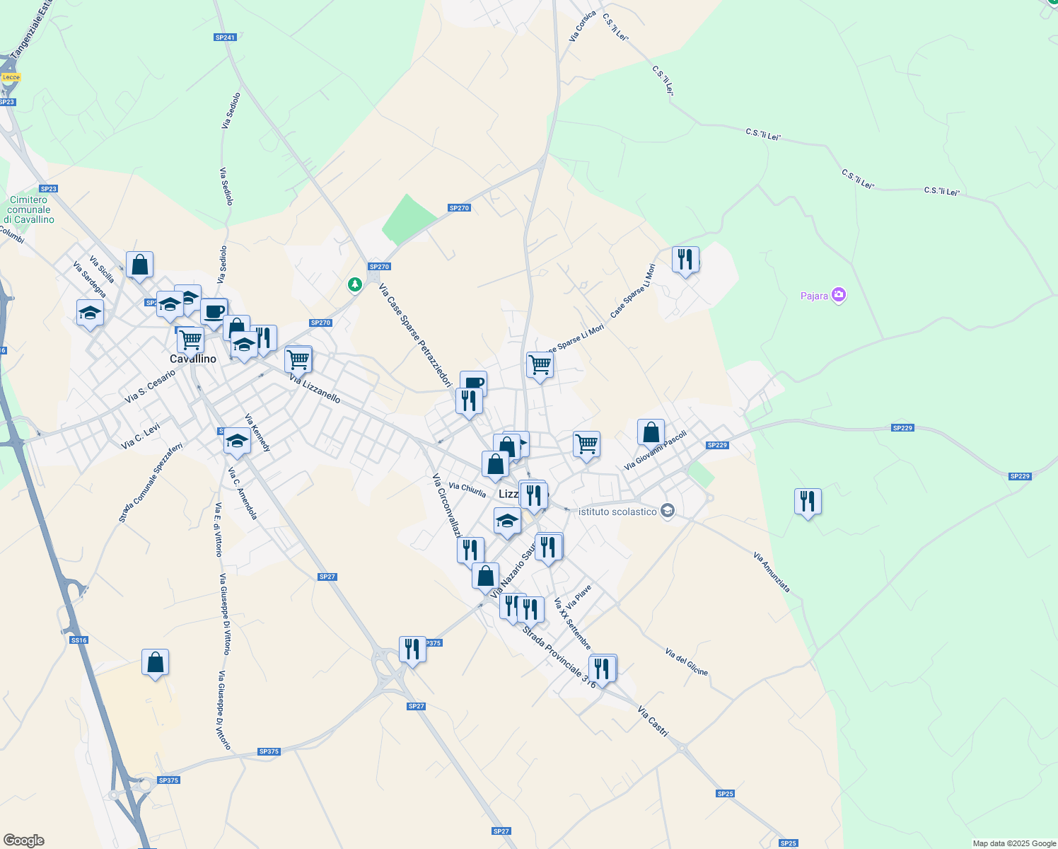 map of restaurants, bars, coffee shops, grocery stores, and more near 30 Via Giacomo Matteotti in Lizzanello