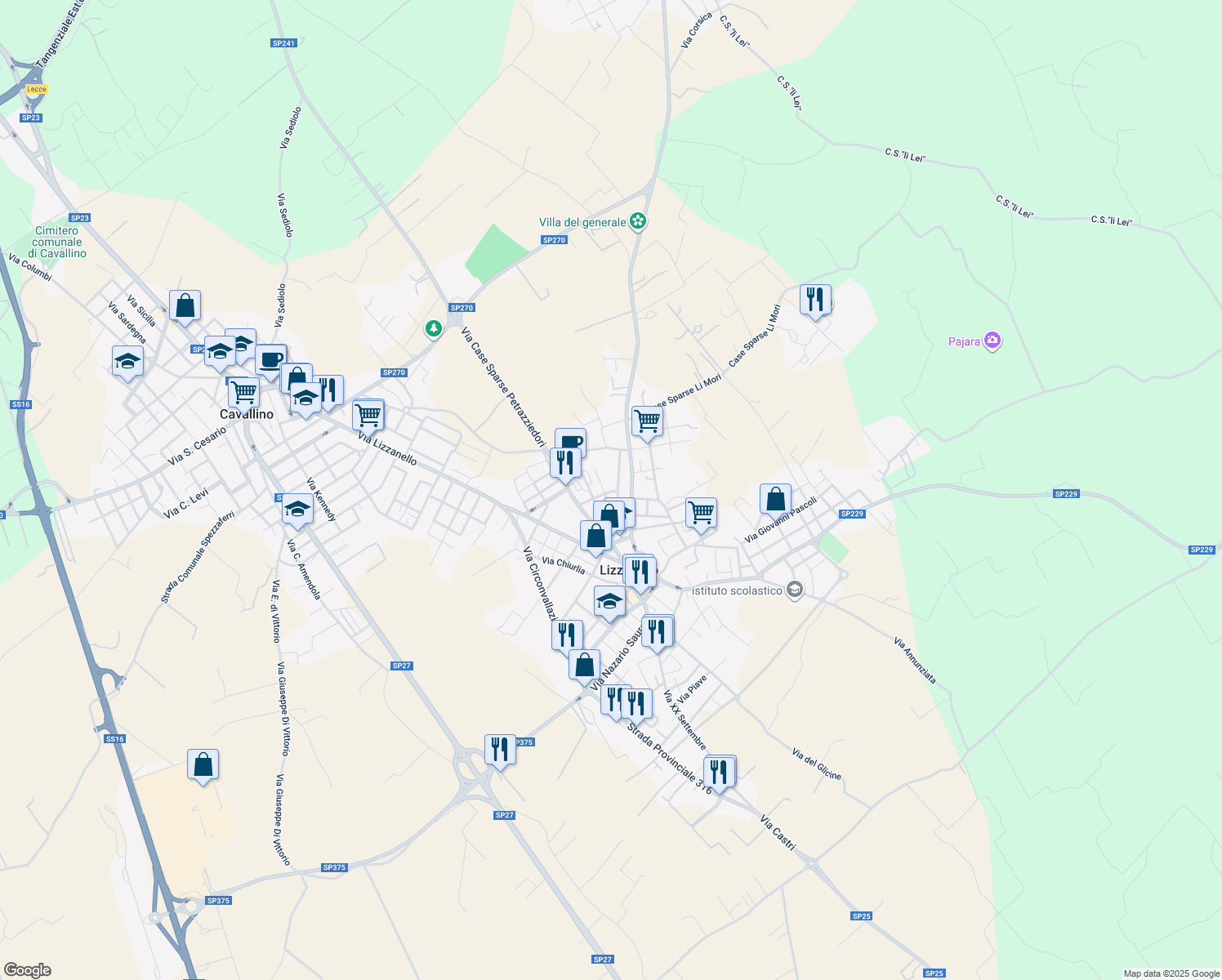 map of restaurants, bars, coffee shops, grocery stores, and more near 4 Via Don Giovanni Bosco in Lizzanello