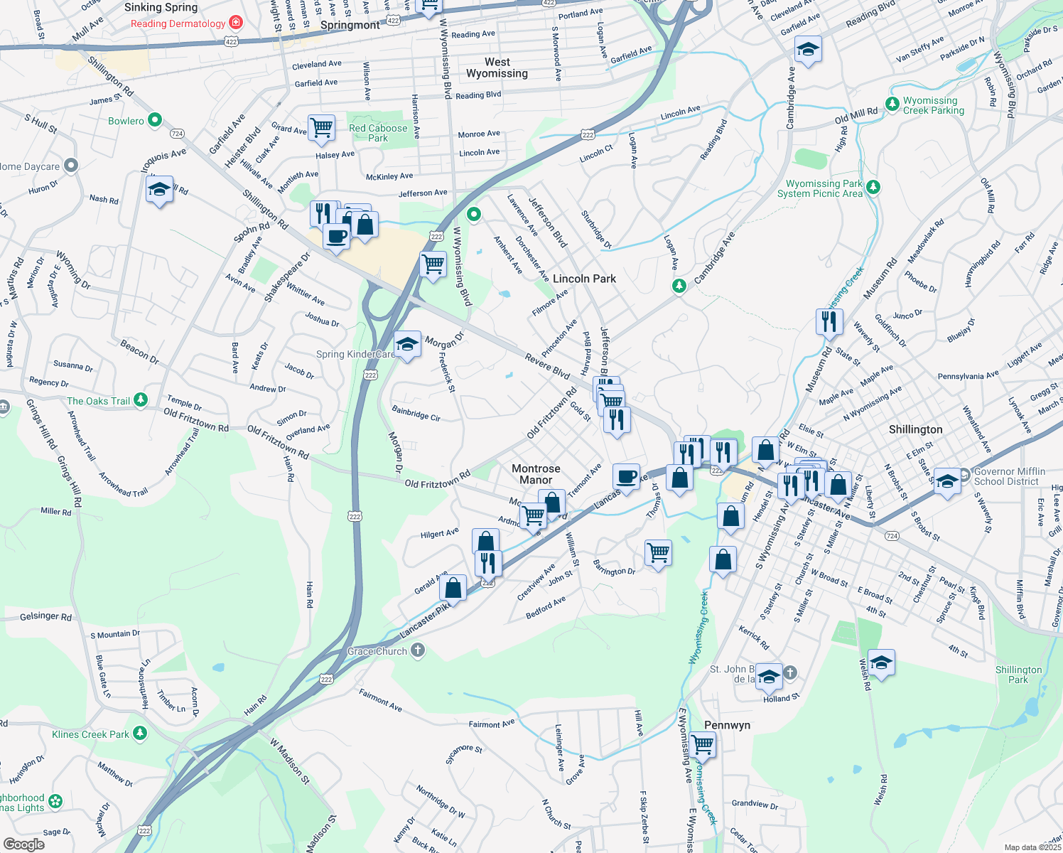 map of restaurants, bars, coffee shops, grocery stores, and more near 304 Old Fritztown Road in Shillington