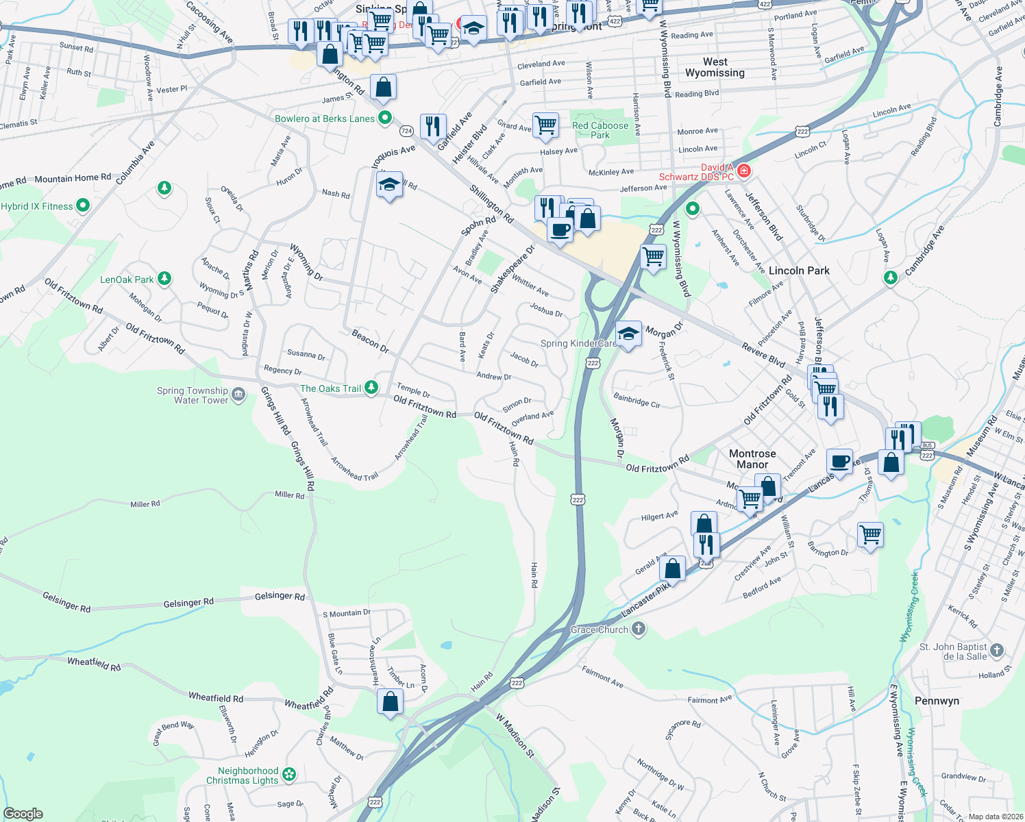 map of restaurants, bars, coffee shops, grocery stores, and more near 2514 Simon Drive in Sinking Spring