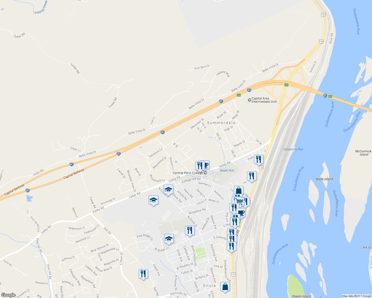 map of restaurants, bars, coffee shops, grocery stores, and more near 604 Ash St in Enola